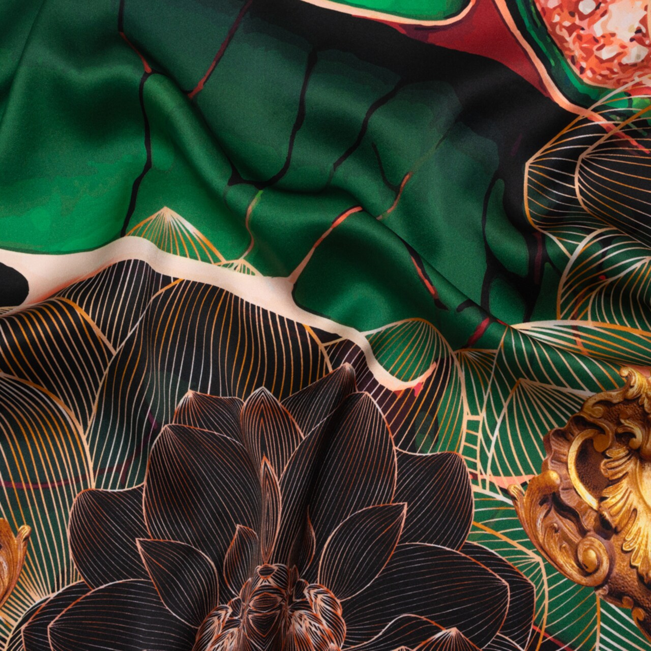 1 Panel Silk Charmeuse Fabric Orange Dark Green Black Floral Gemstone Design 53 x 63 inch